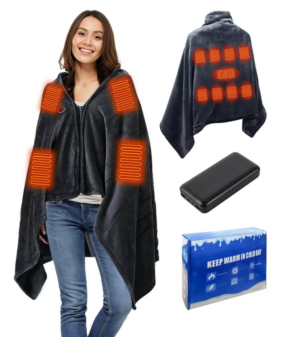 Portable USB Electric Heated Shawl Wraps for Women Men Heated Shawl Blanket Cordless with 9 Zones for Xmas Gifts Heated Blanket Throw with Battery Wearable Heated Poncho Shawl for Office Car