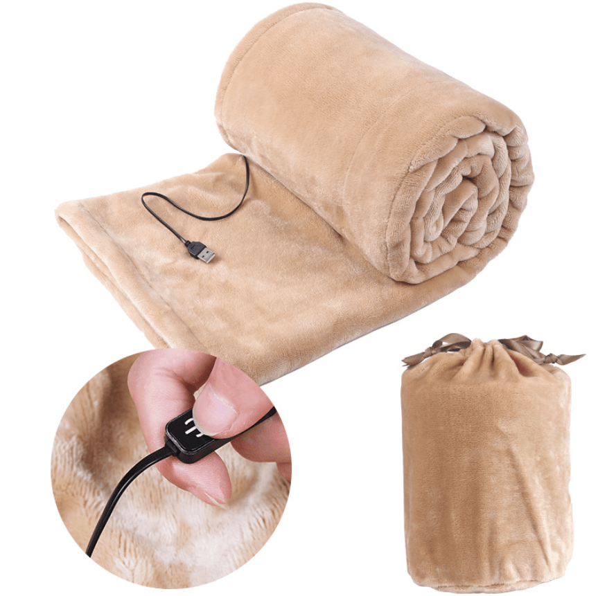 USB Heated electric blanket rolled up with USB power connector for warmth and comfort anywhere.