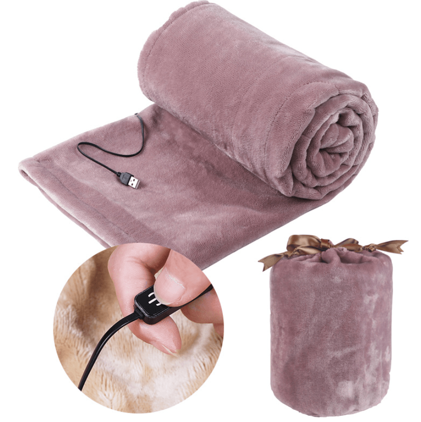 USB Heated electric blanket rolled up with USB power connector for warmth and comfort anywhere.